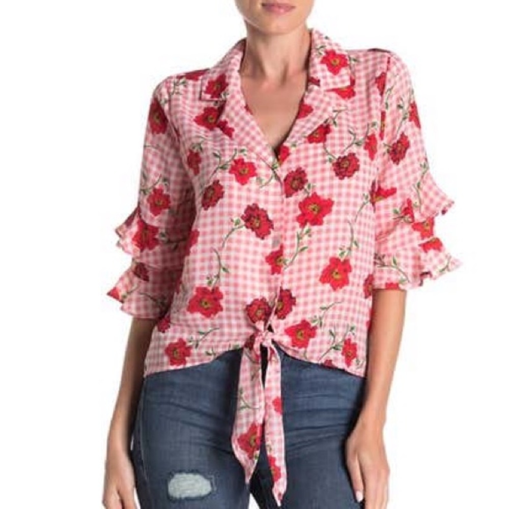 NWT Ruffle Sleeve Tie Knot Gingham Blouse S